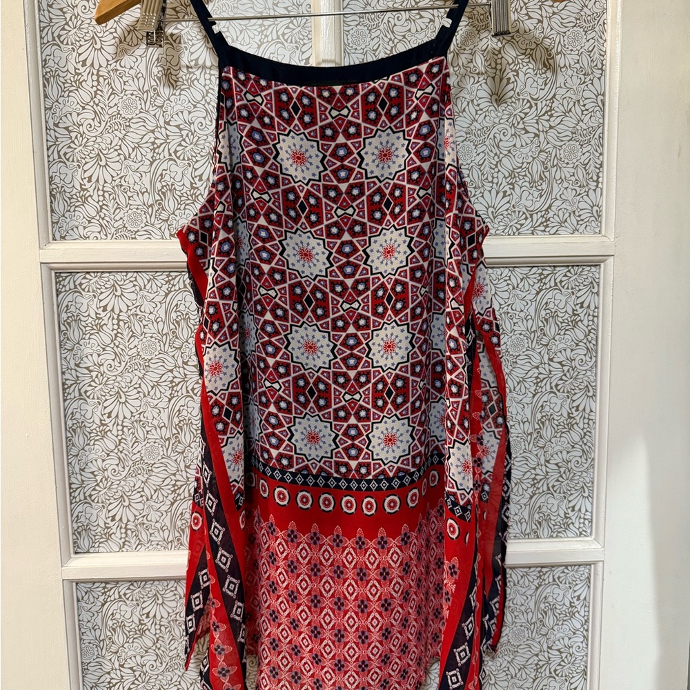 Red White and Blue sheer top with navy tank top attached and side slits